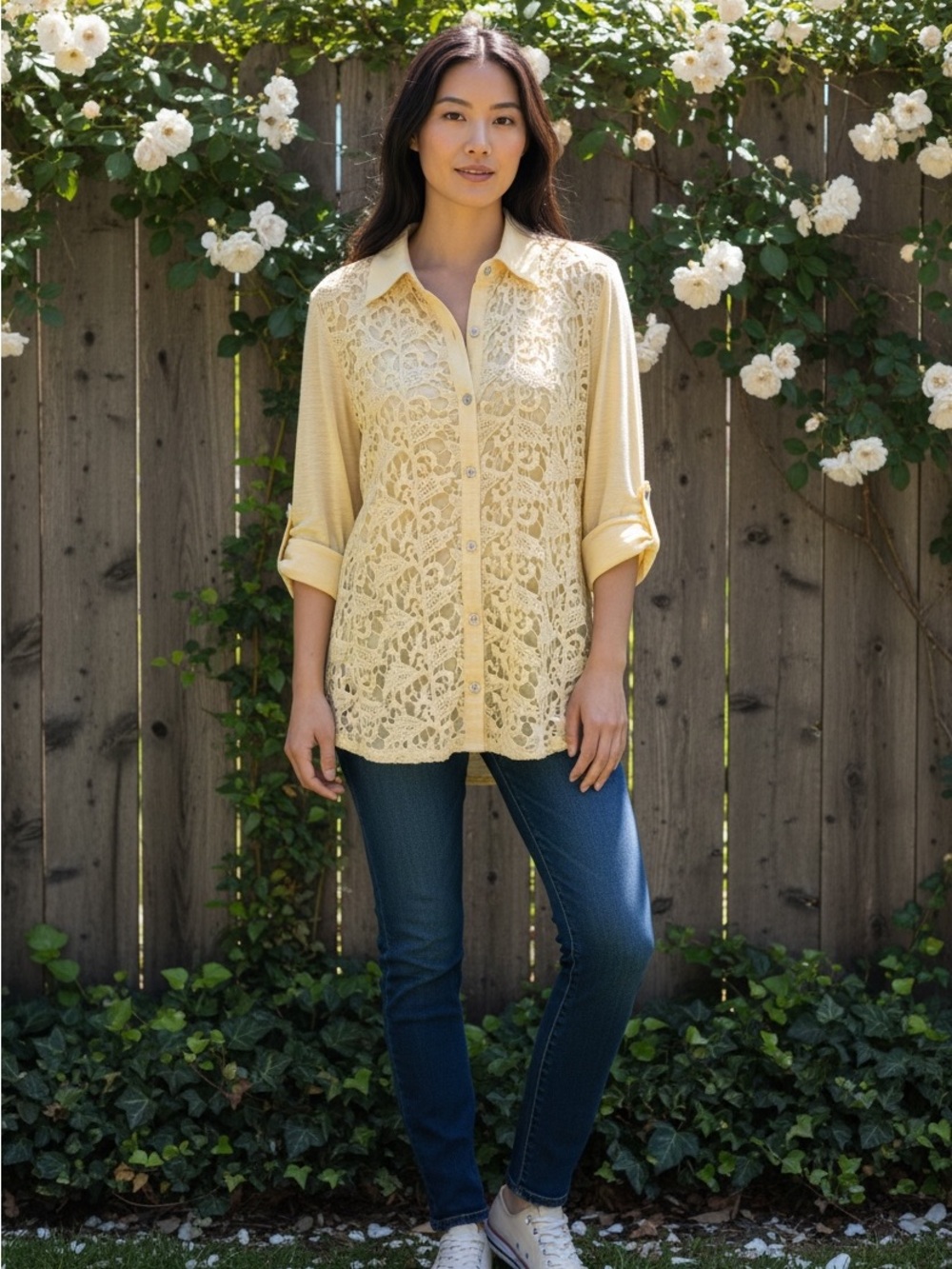 Reba Pale Yellow Lace Front Button Up Blouse Size Small Boho Western Roll Tab